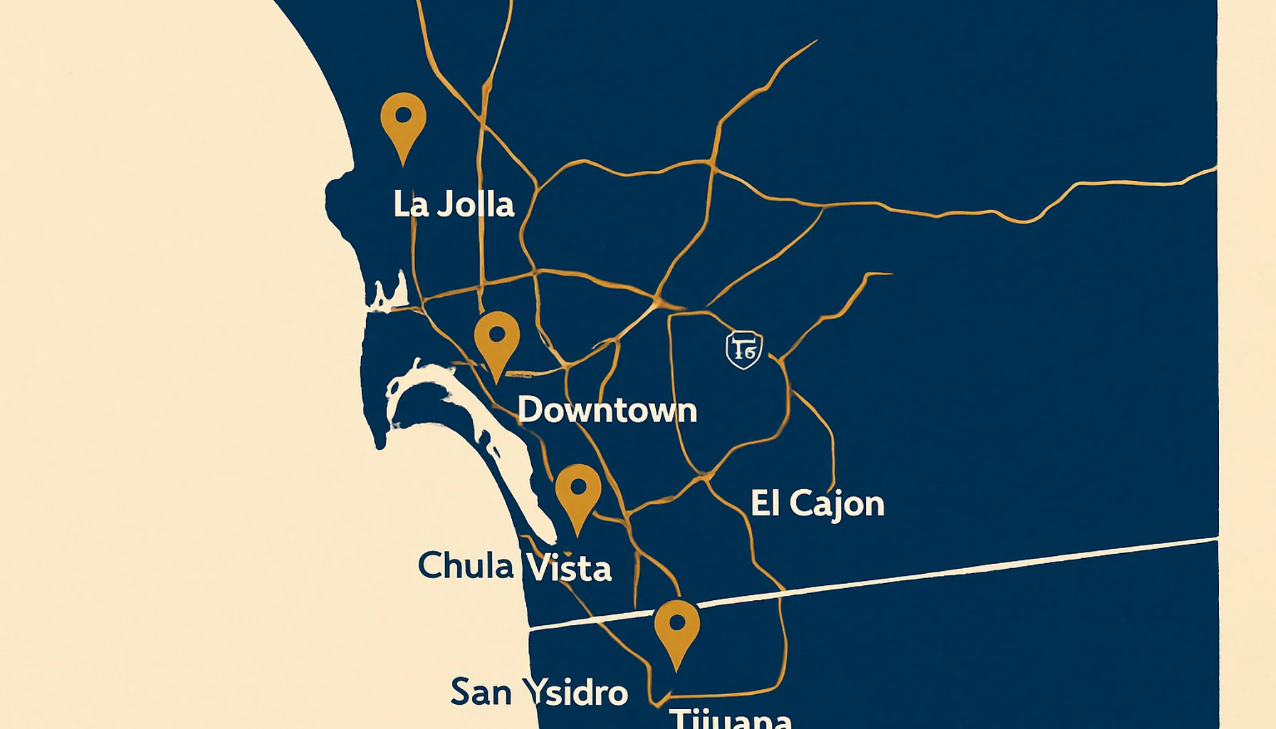Stylized map of San Diego County showing RJ Towing coverage area with amber markers at major neighborhoods
