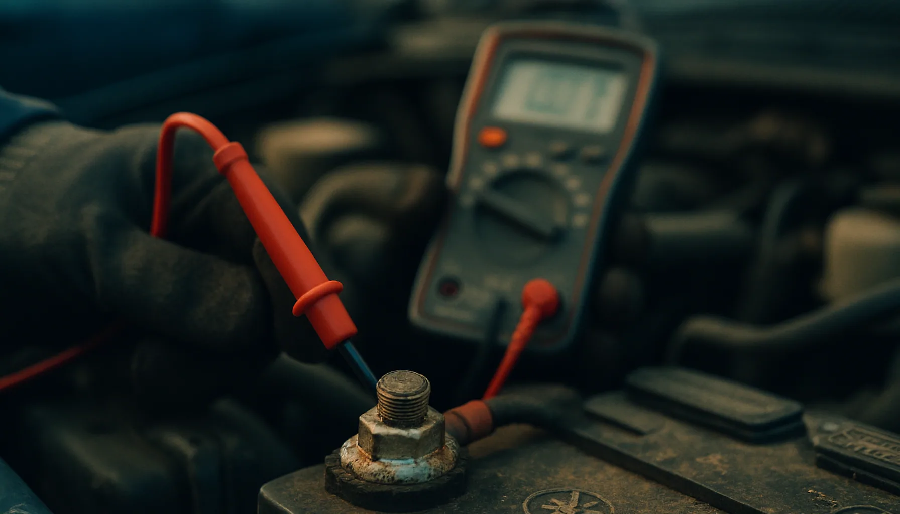 Close-up of a car battery terminal with a mechanic's gloved hand using a multimeter probe