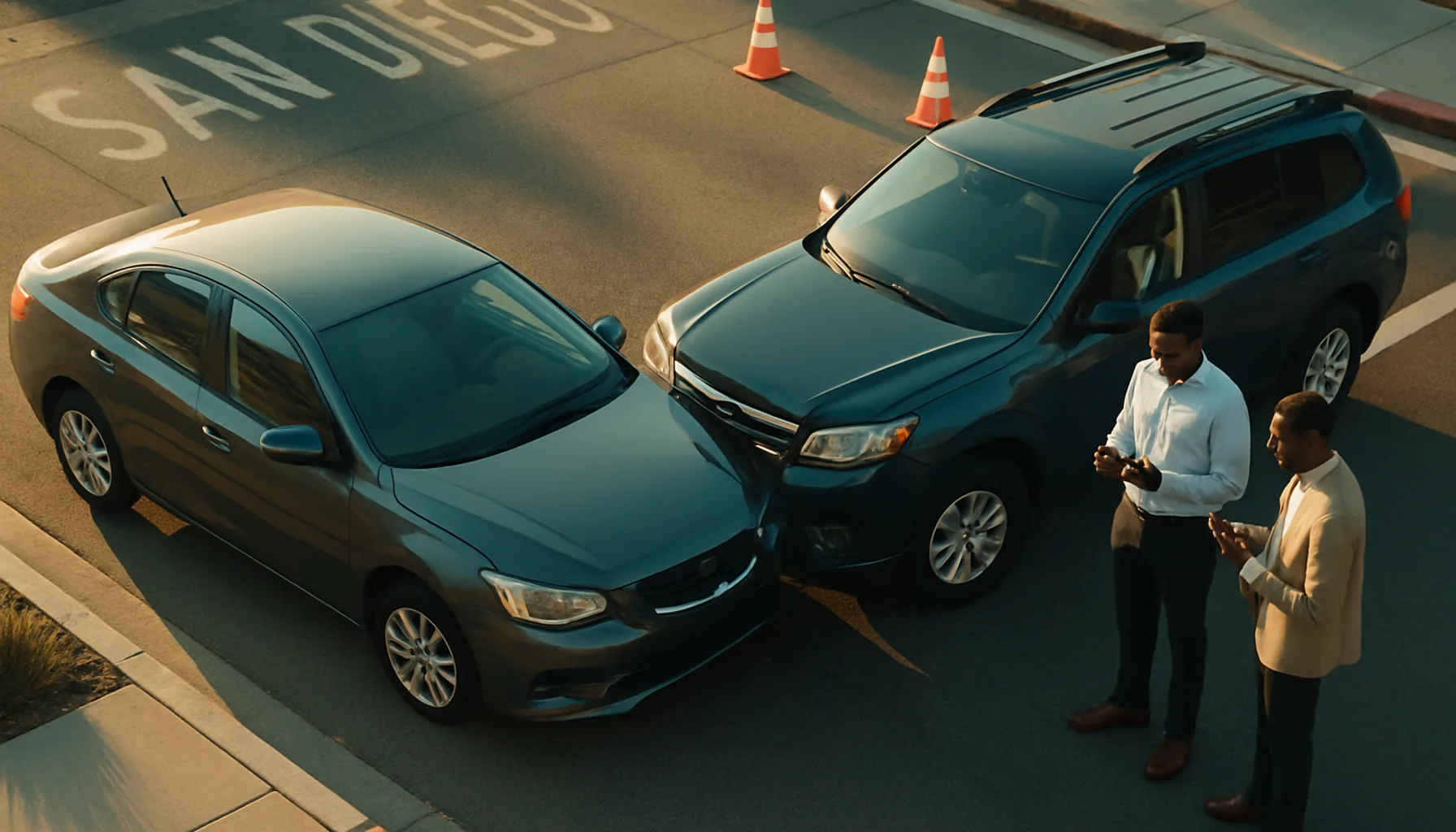 Two cars at a San Diego intersection after a minor fender-bender, drivers exchanging insurance information