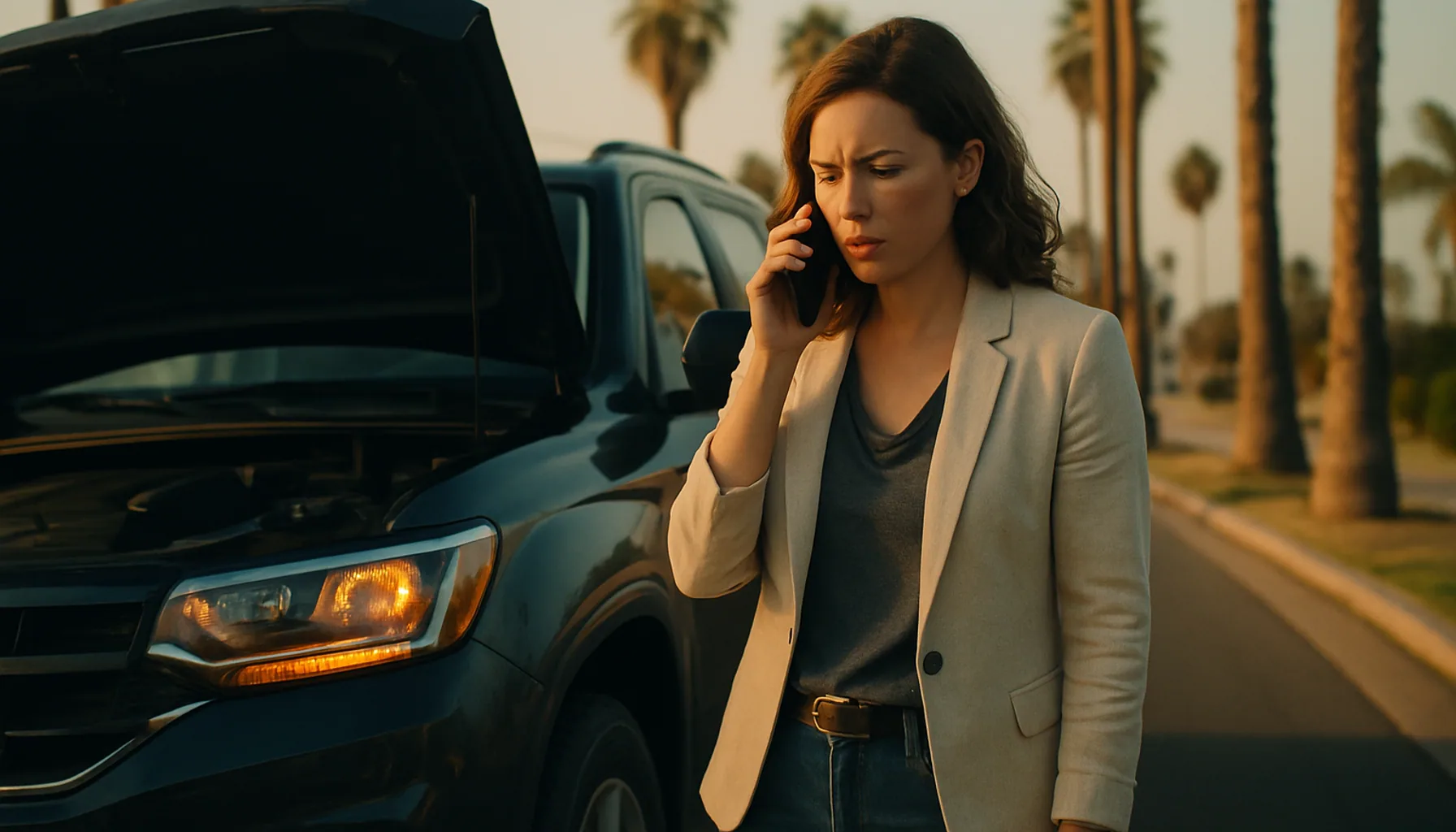 Person on a smartphone on the side of a San Diego road making an informed tow company choice
