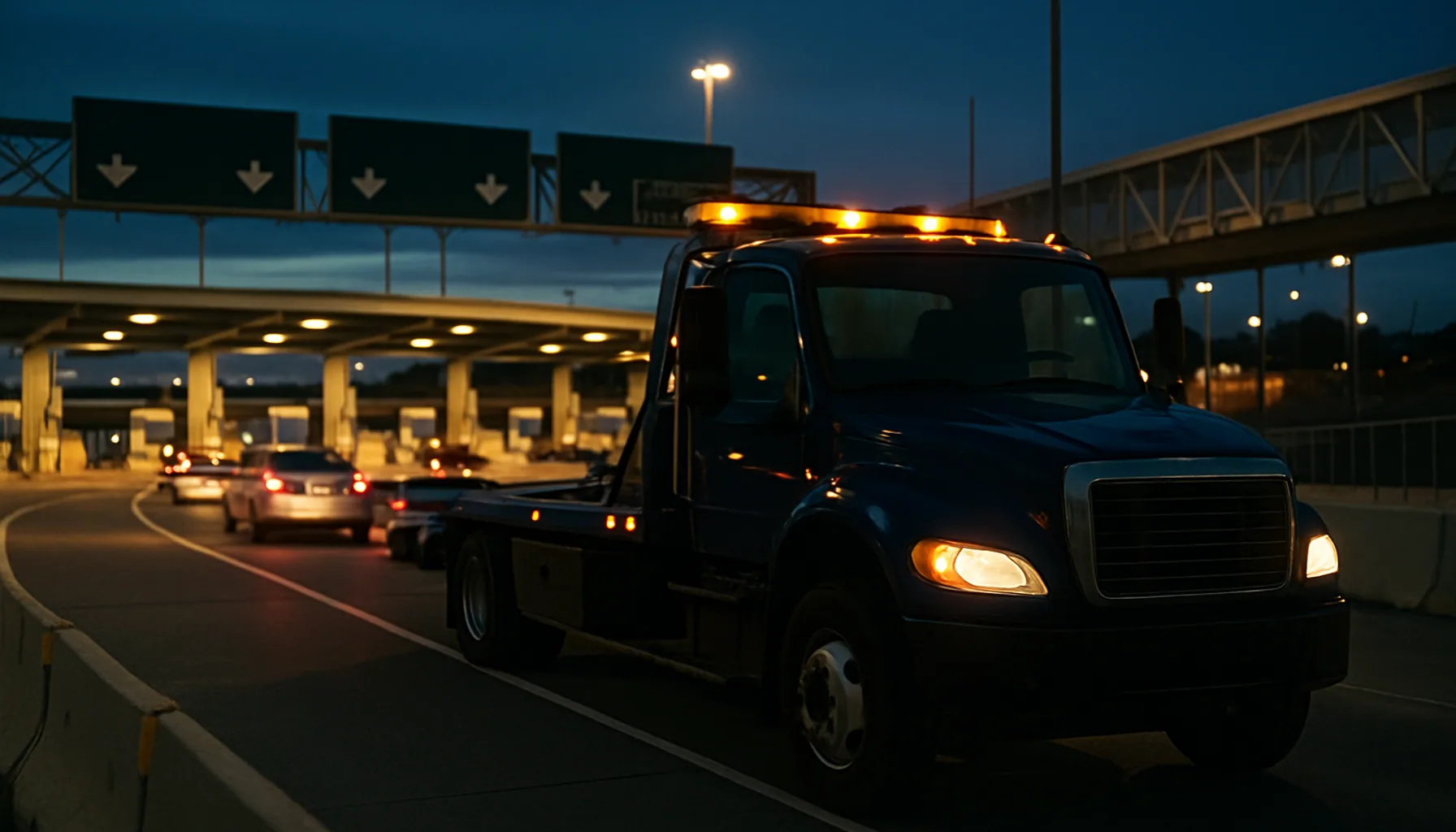 Navy tow truck approaching the San Ysidro border crossing at dusk with binational infrastructure visible
