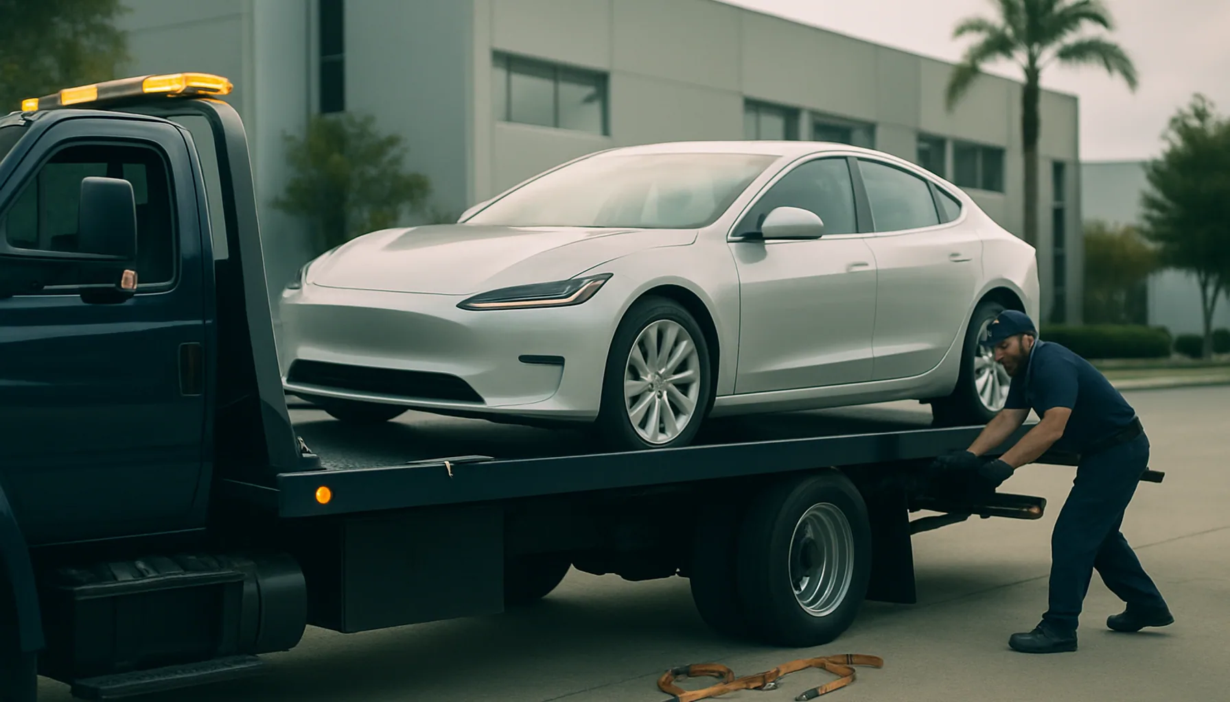 Modern electric sedan being loaded onto a navy flatbed tow truck in a clean professional setting