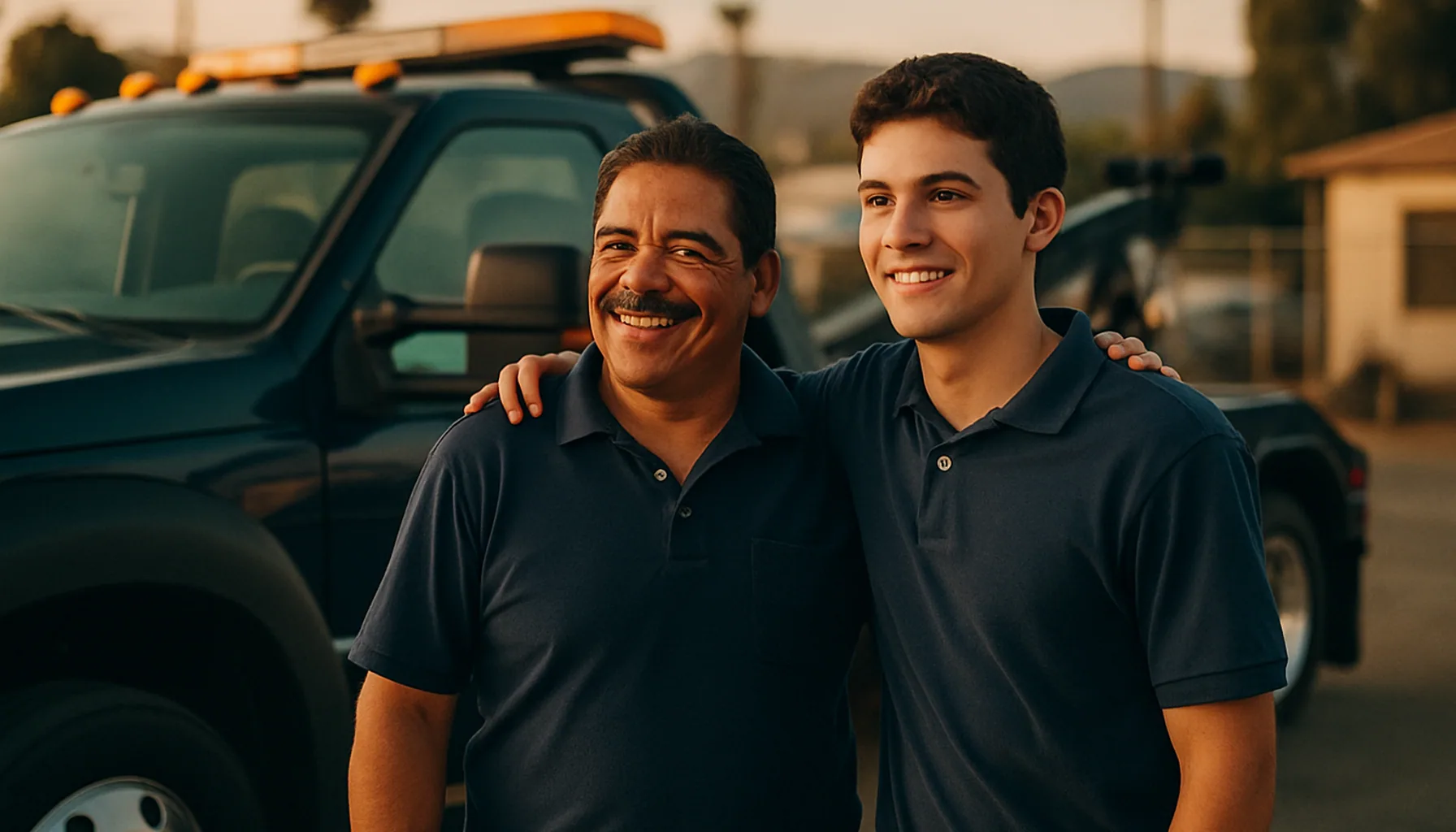Latino father and adult son standing together beside a navy tow truck at a San Diego yard, family business moment