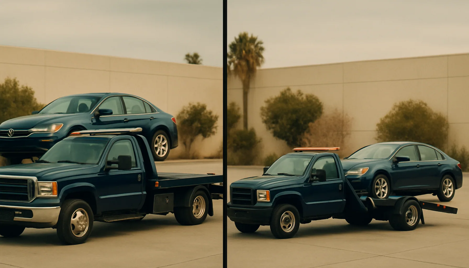 Side-by-side comparison of a flatbed tow truck and a wheel-lift tow truck with the same sedan on each