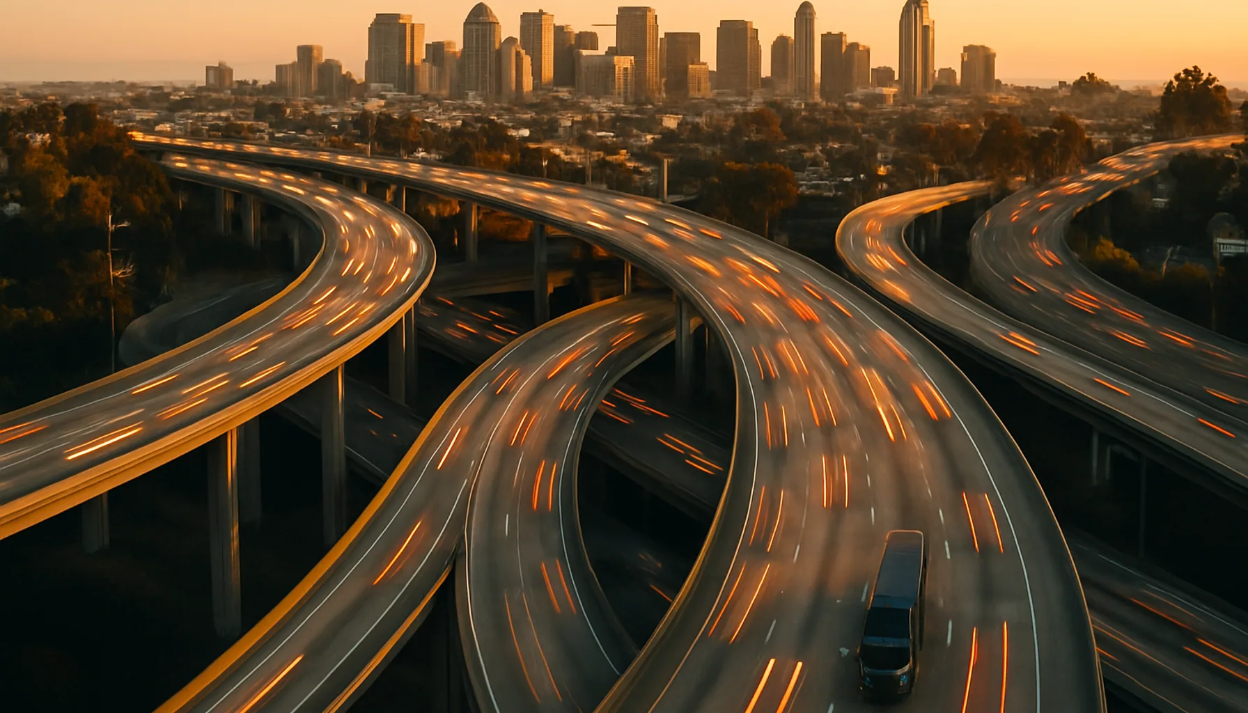 Aerial view of a San Diego freeway interchange at golden hour