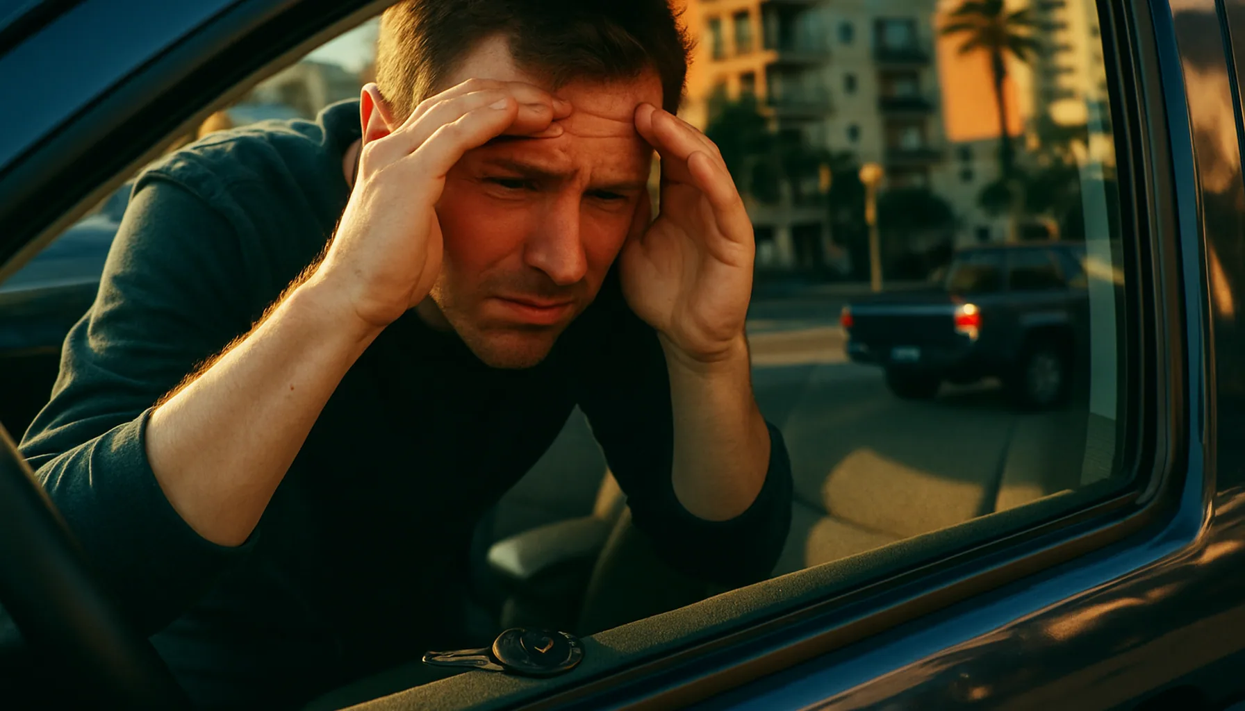 Person's hands against a car window peering in at keys on the seat, locked-out situation