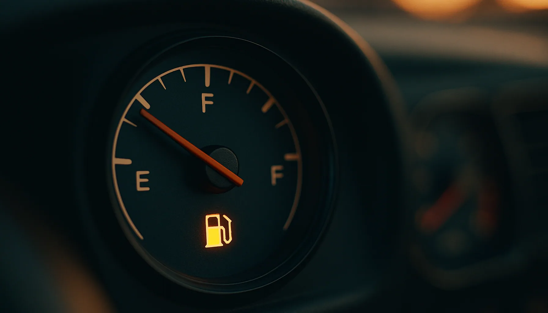 Close-up of a car dashboard fuel gauge pointing to empty with low-fuel warning light