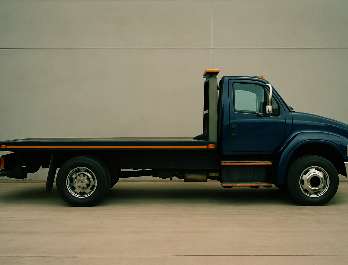 Side profile of a navy blue flatbed tow truck parked at the yard