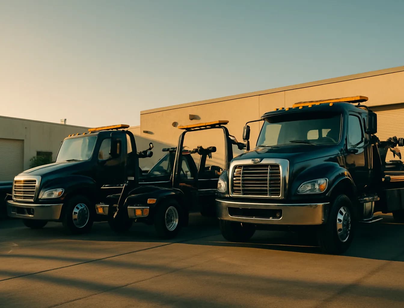 Four navy blue RJ Towing tow trucks lined up at the San Diego yard at golden hour