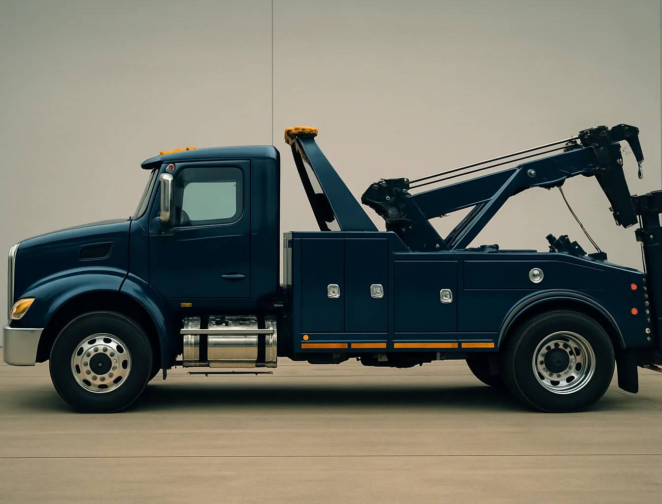 Side profile of a navy blue medium-duty wrecker with integrated underlift