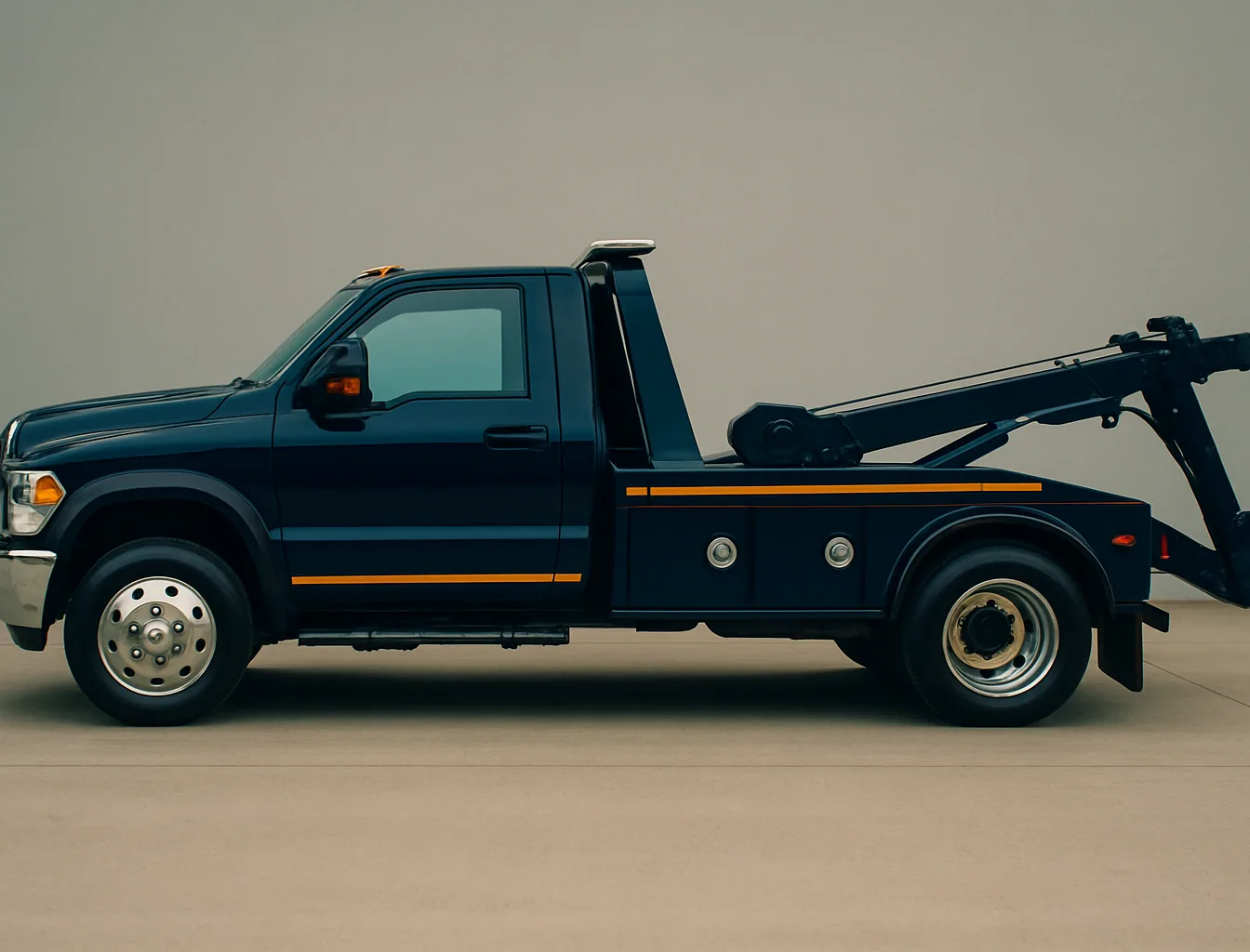 Side profile of a navy blue wheel-lift tow truck with rear yoke visible