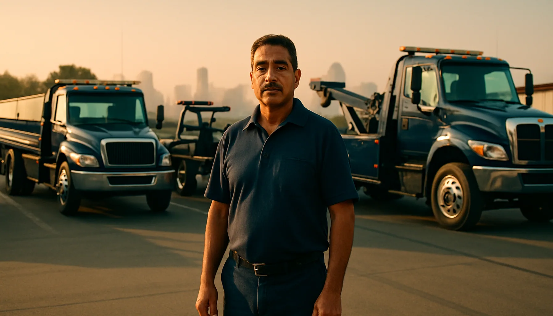 RJ Towing fleet of navy tow trucks at the San Diego yard with the owner standing in front at early morning golden hour