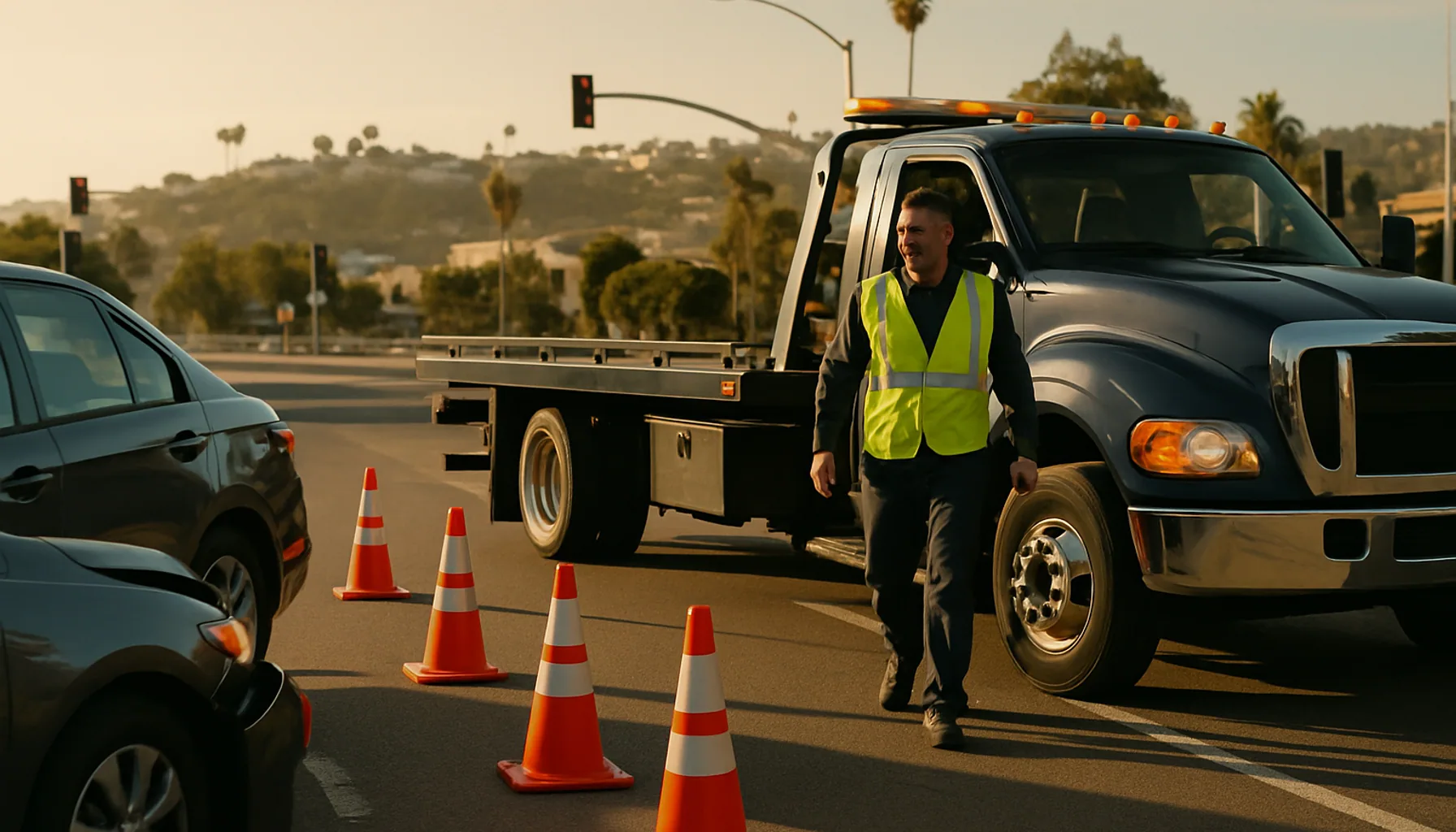 Tow truck arriving at a minor fender-bender scene at a San Diego intersection with traffic cones placed