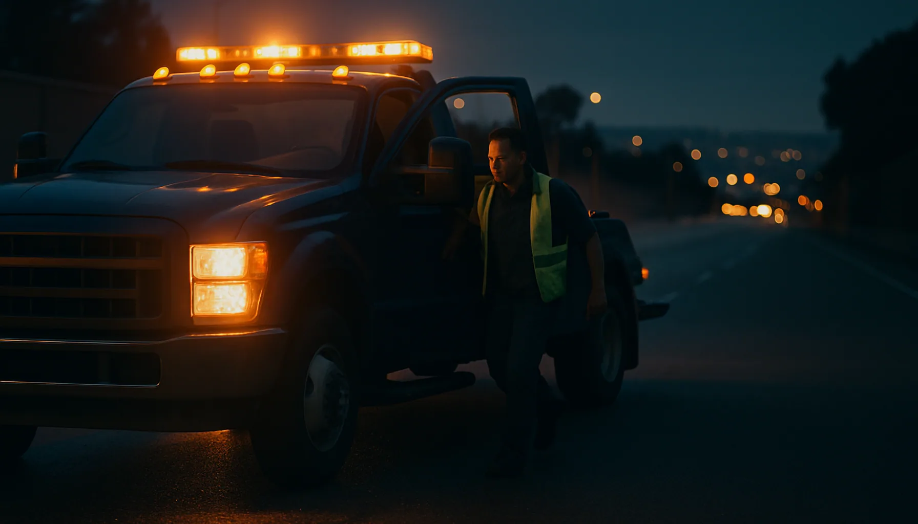 Navy blue tow truck arriving at a San Diego breakdown scene at twilight with amber emergency flashers active