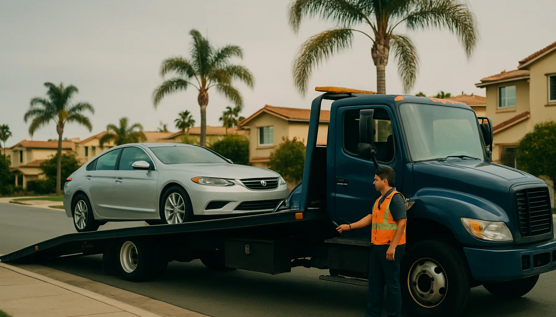 Navy flatbed tow truck loading a silver sedan via hydraulic ramp on a suburban San Diego street