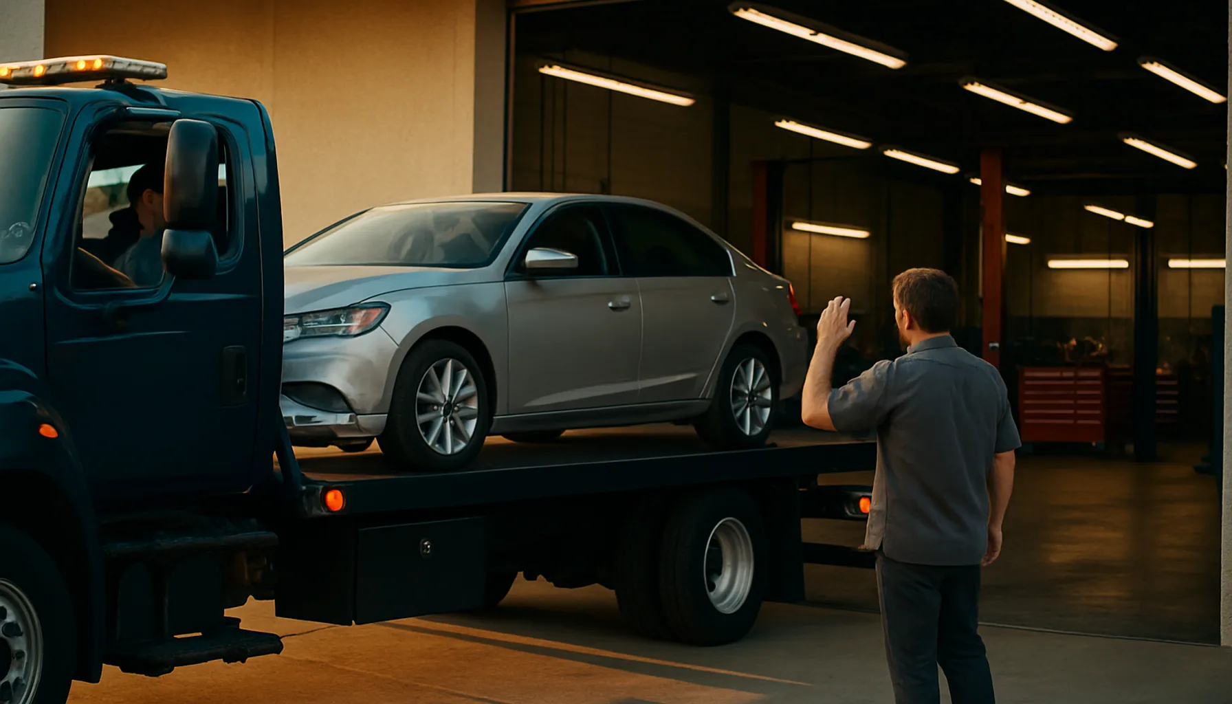 Navy RJ Towing flatbed delivering a vehicle to a San Diego auto body shop bay