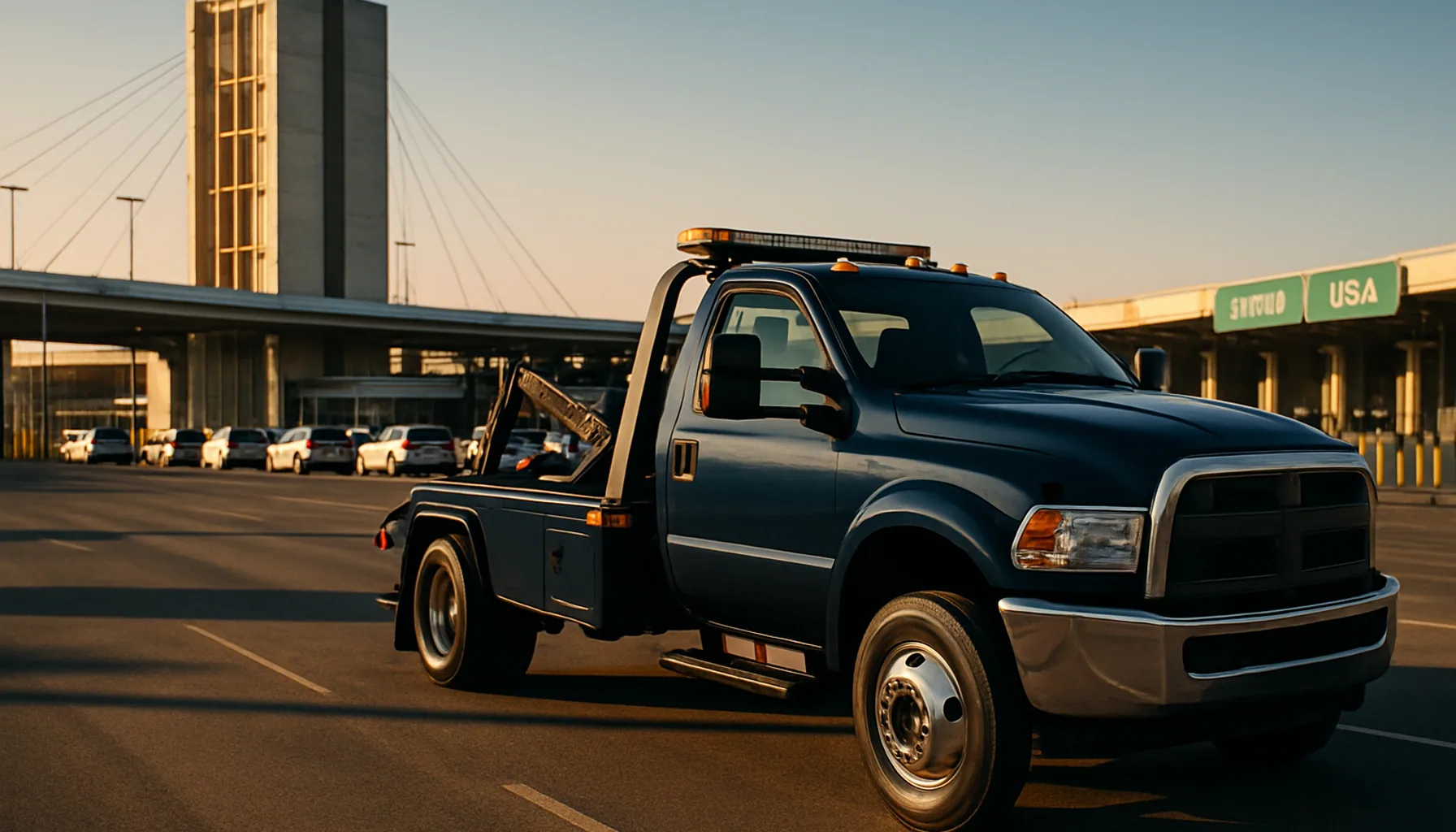 Navy tow truck near the San Ysidro border crossing at golden hour with binational infrastructure visible