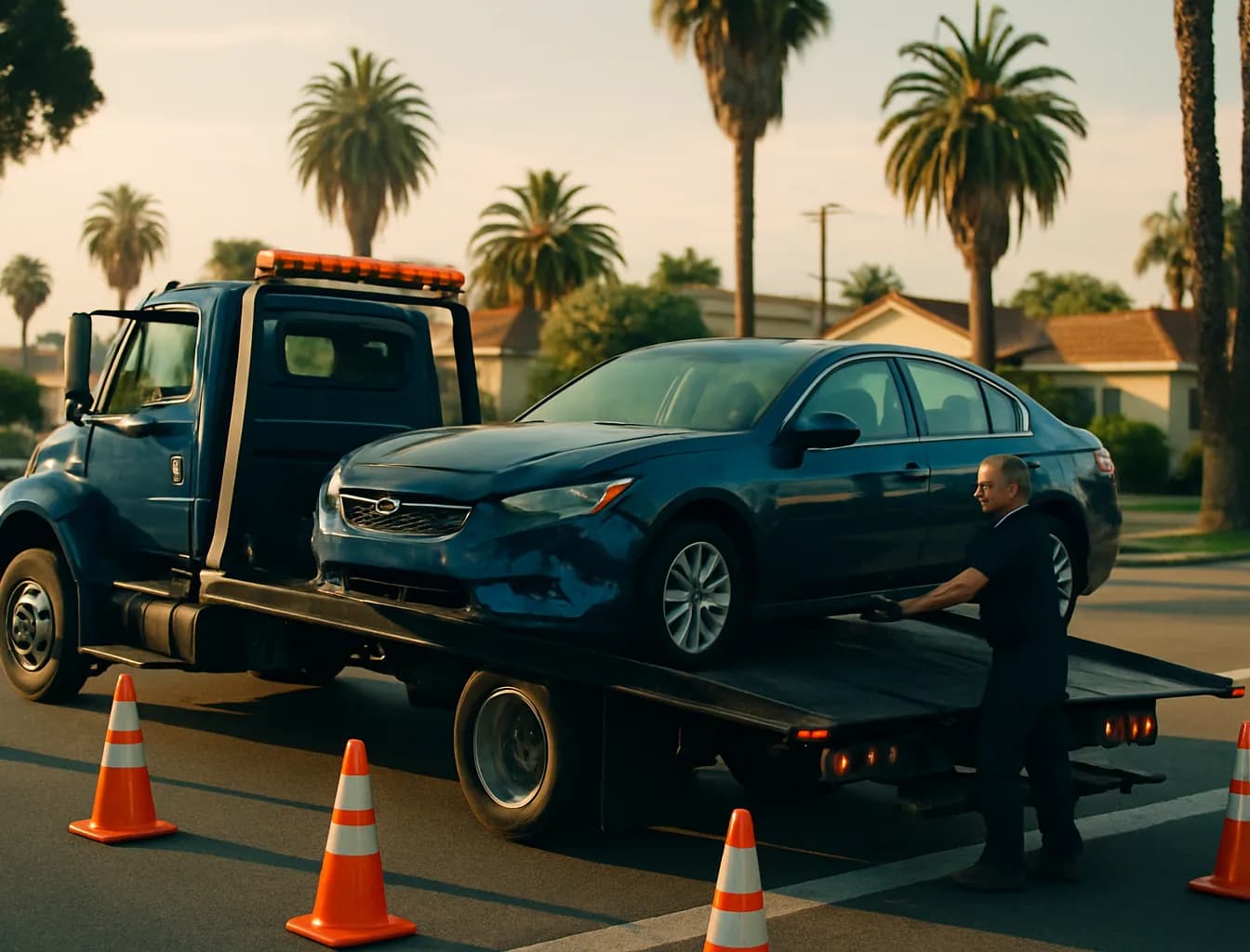 Navy flatbed carefully loading a front-damaged sedan with orange traffic cones around the scene