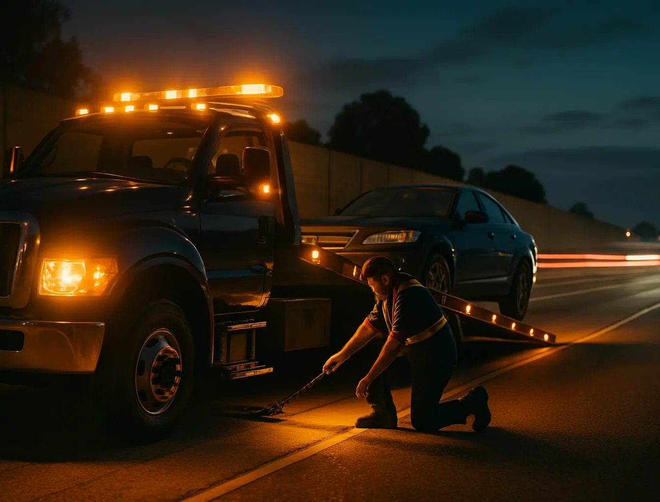 Navy tow truck loading a disabled sedan on a San Diego freeway shoulder at night
