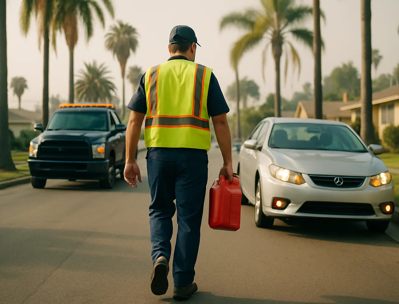 Tow operator walking toward a stranded sedan carrying a red safety fuel container on a residential street