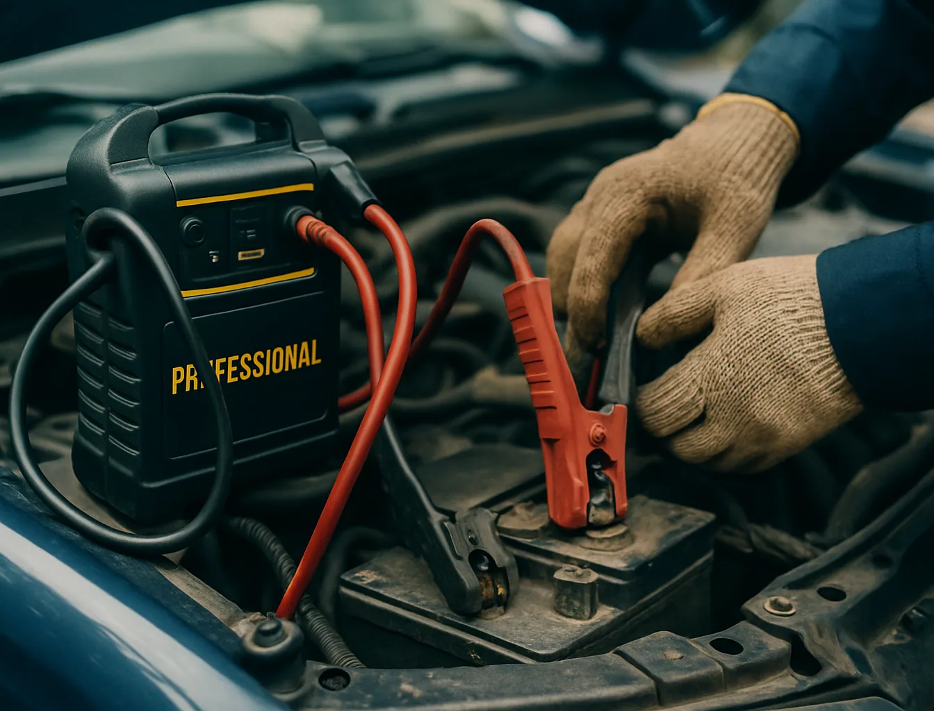 Close-up of professional jump starter pack cables clamped to a car battery in an engine bay