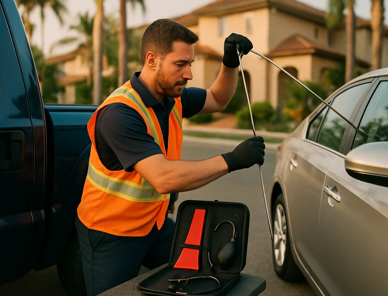 Tow operator using a professional long-reach lockout tool on a sedan door with careful precision
