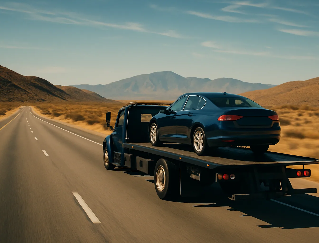 Navy flatbed carrying a loaded sedan on an open California highway heading toward distant desert mountains