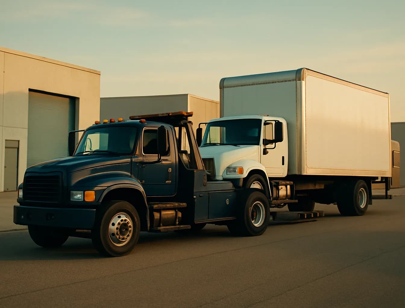Navy medium-duty tow truck hooking up a commercial white box truck on a San Diego industrial street