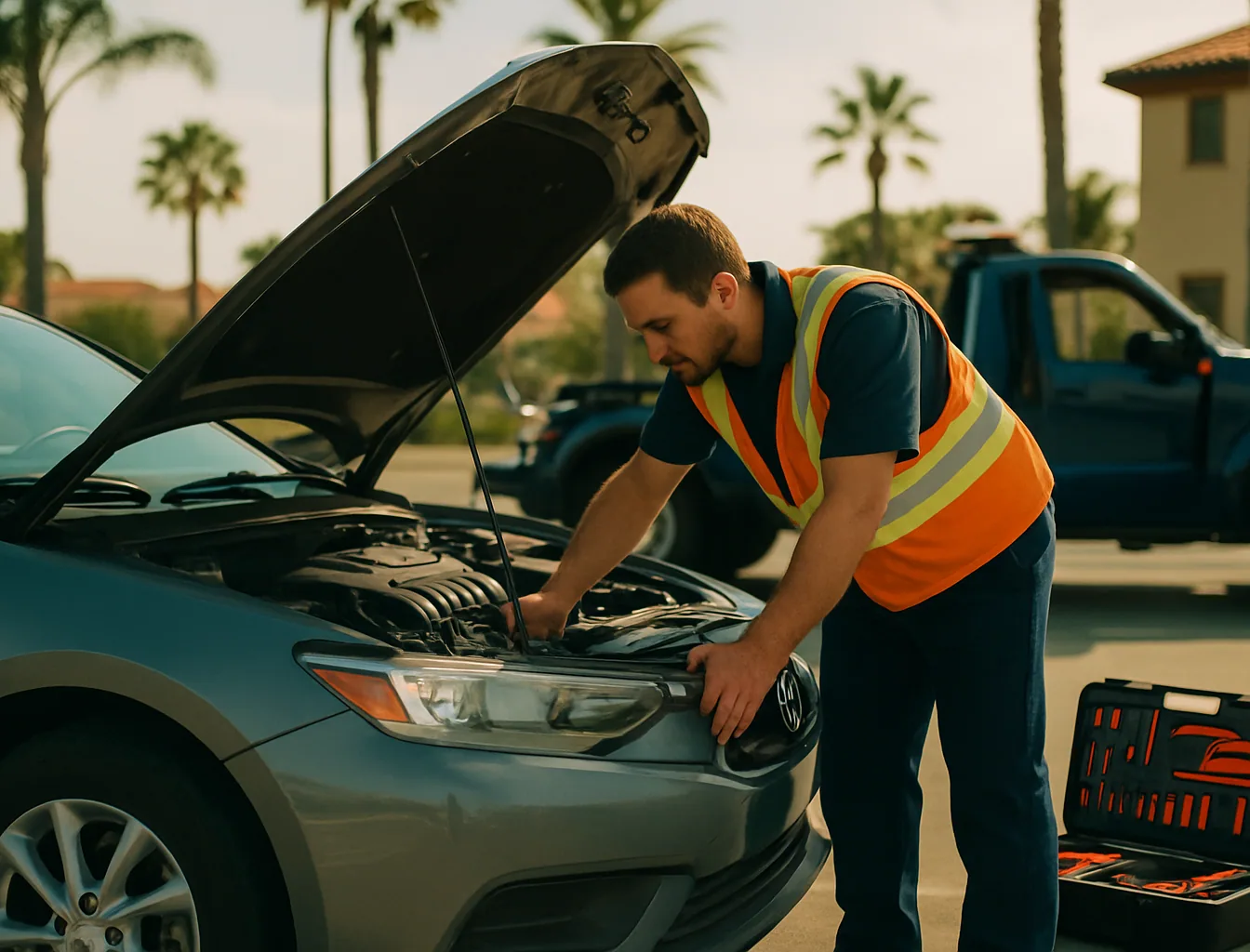 Tow operator examining under the hood of a sedan in a San Diego parking lot with roadside toolkit