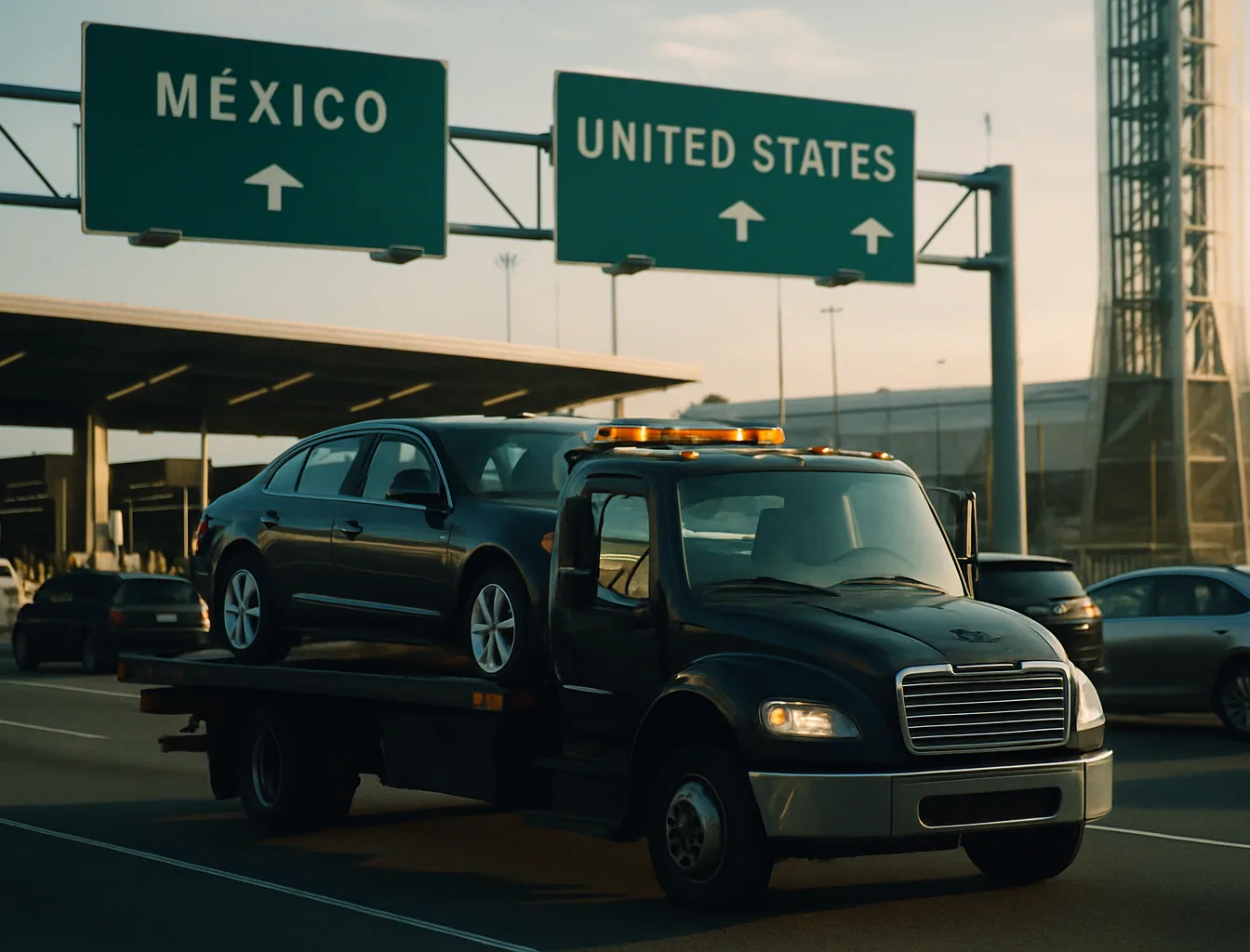 Navy tow truck with loaded sedan on approach to San Ysidro port of entry