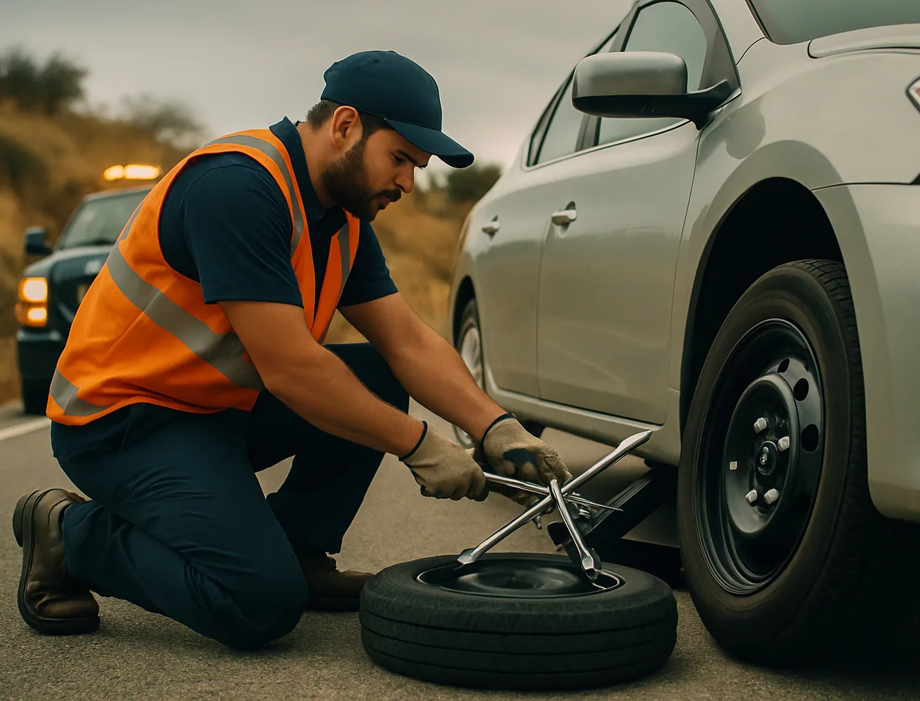 Tow operator kneeling beside a sedan performing a roadside tire change with jack and spare visible