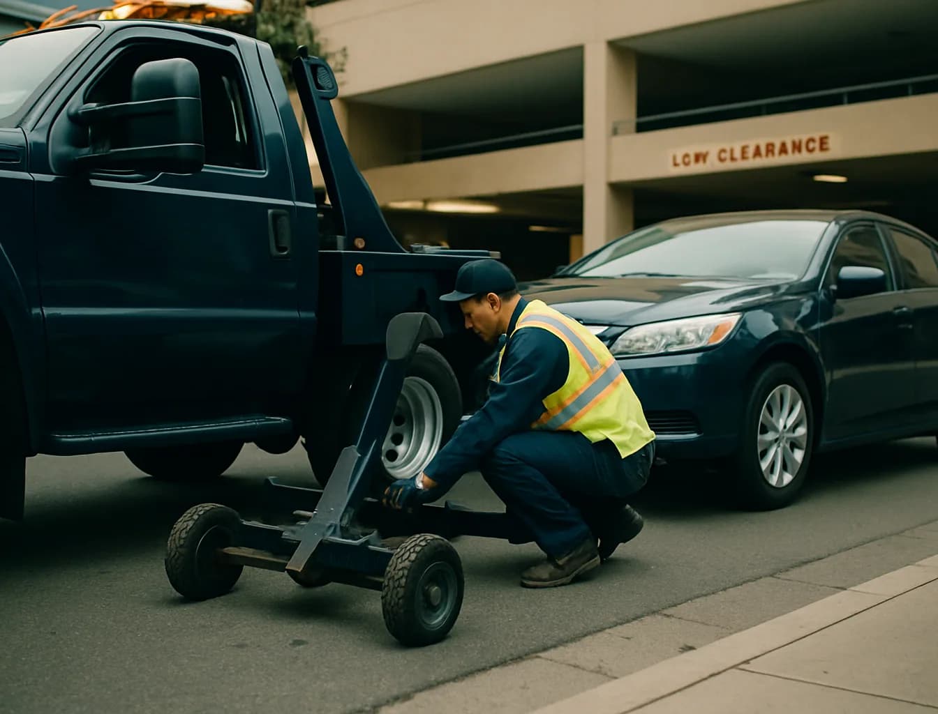 Wheel-lift yoke engaged beneath a sedan's front wheels with navy tow truck ready to transport