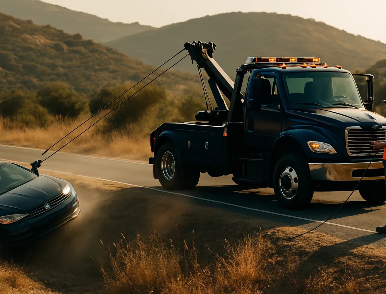 Navy tow truck winching a sedan out of a sandy roadside ditch with cable fully taut