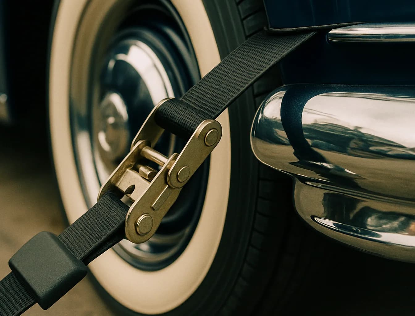 Close-up of nylon soft strap protecting the chrome bumper of a vintage classic car on a flatbed