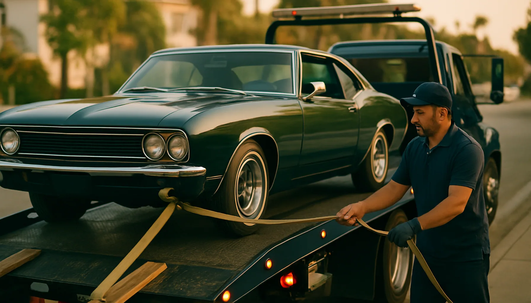 Classic American muscle car being carefully loaded onto a navy flatbed with soft straps and edge protectors on a San Diego street