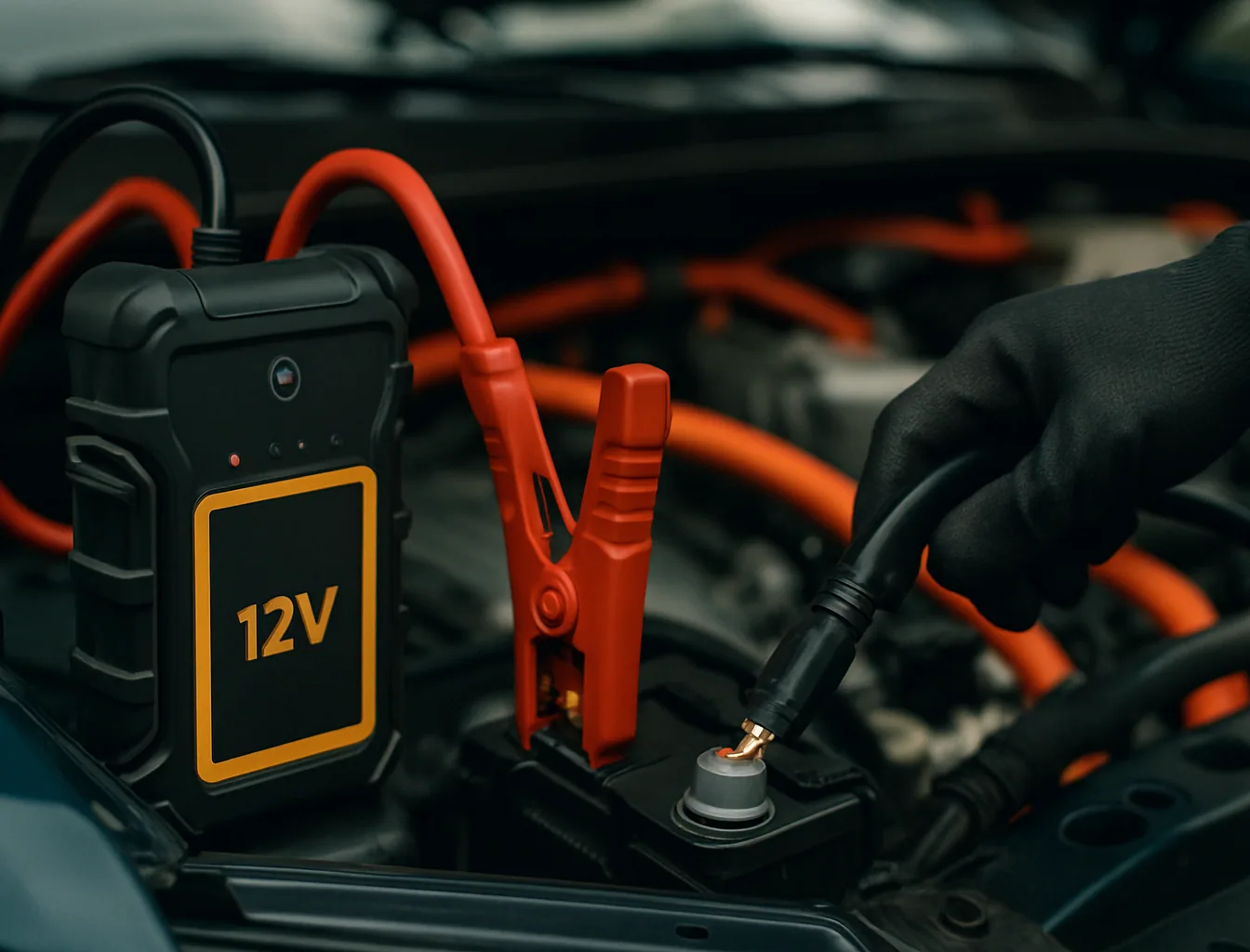 Close-up of a portable 12V jump pack connected to the auxiliary battery of a hybrid vehicle in an engine bay