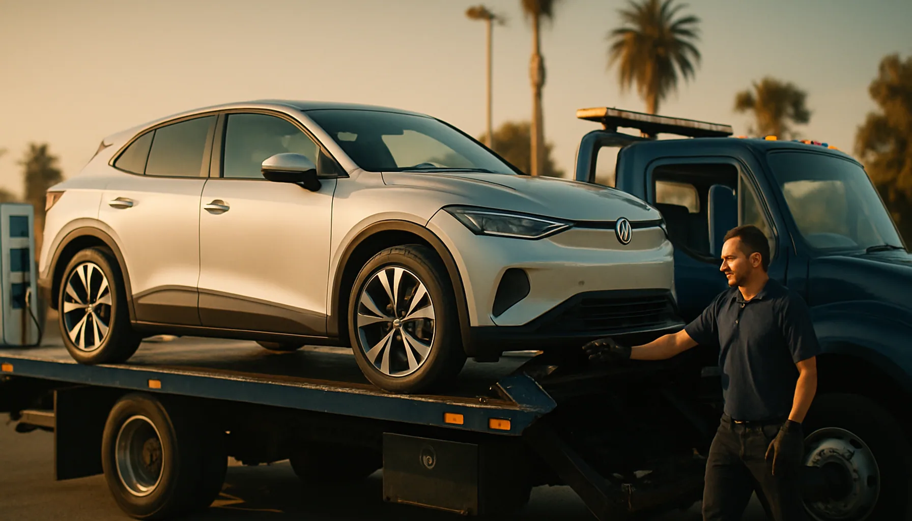 Modern electric crossover SUV being loaded onto a navy flatbed tow truck with a charging station visible in the background