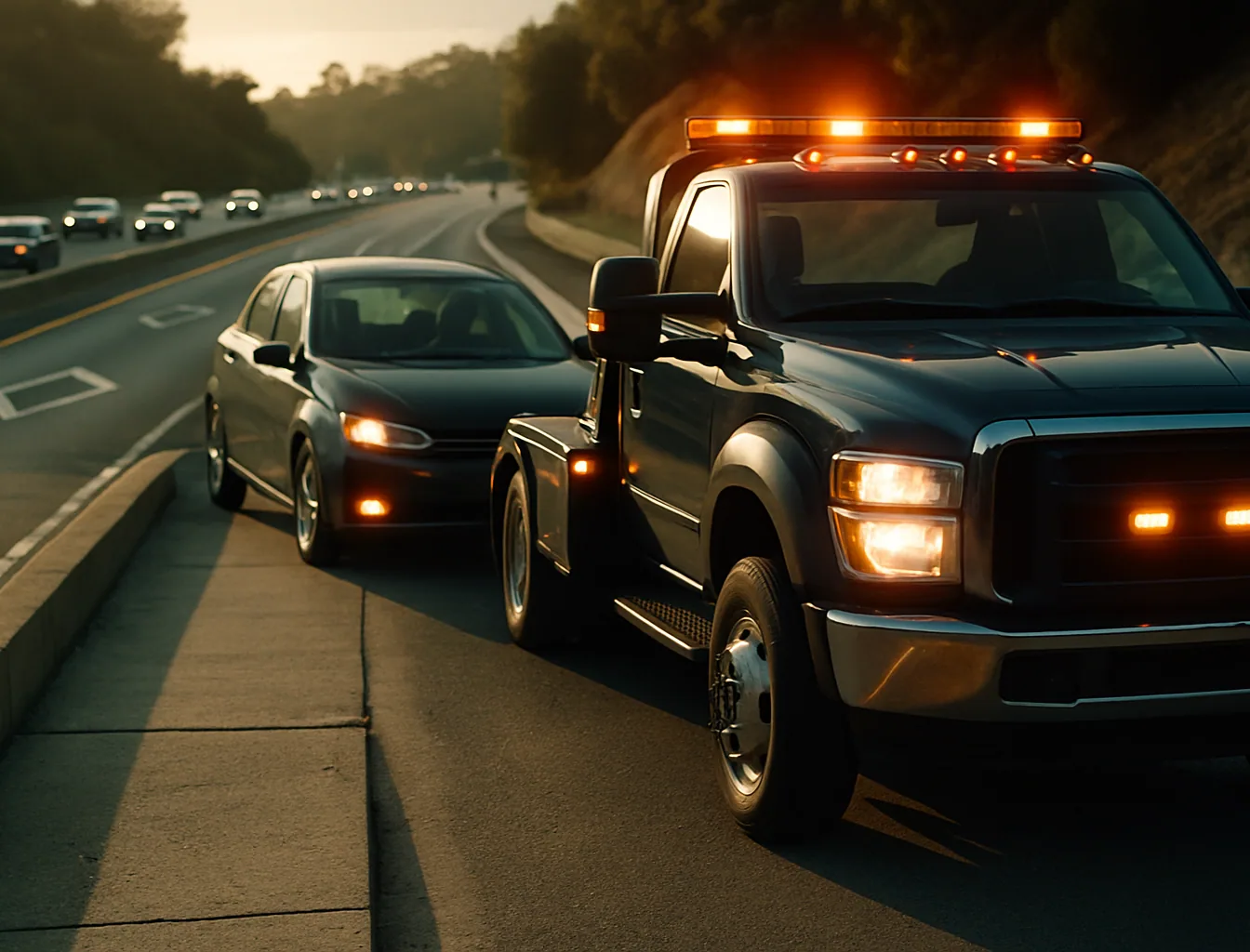 Navy tow truck pulling into an I-15 Express Lane pullover bay with amber lights flashing