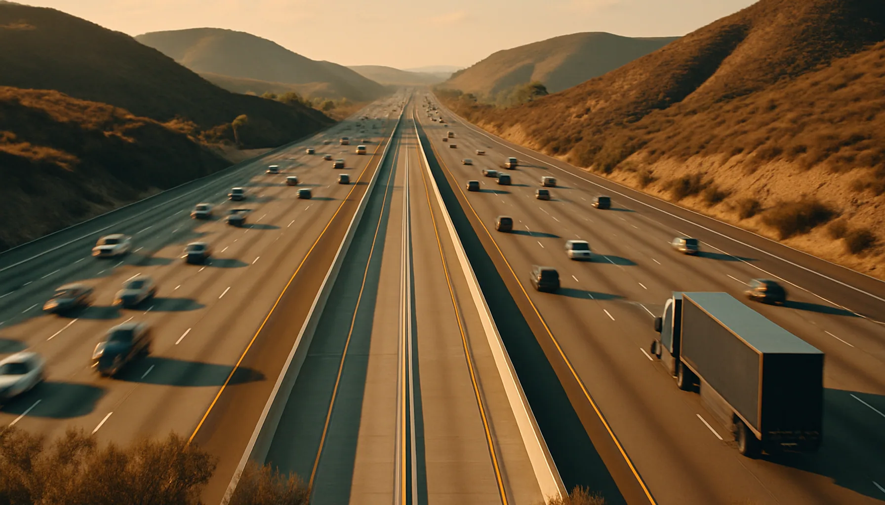 Interstate 15 corridor through the Miramar area of San Diego with wide freeway and dry hills in the background