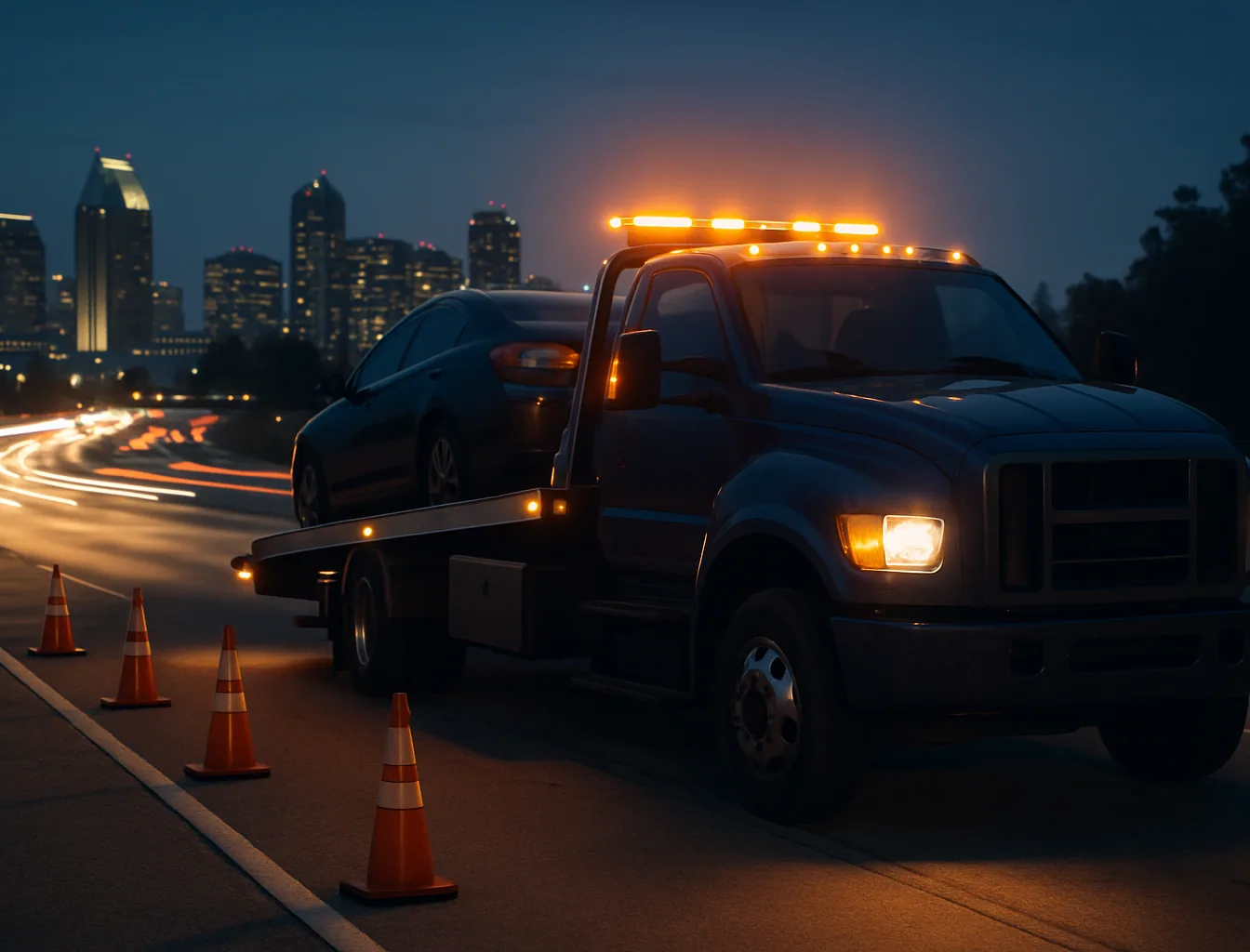Navy tow truck on the I-5 shoulder near Downtown San Diego with amber flashers active at dusk