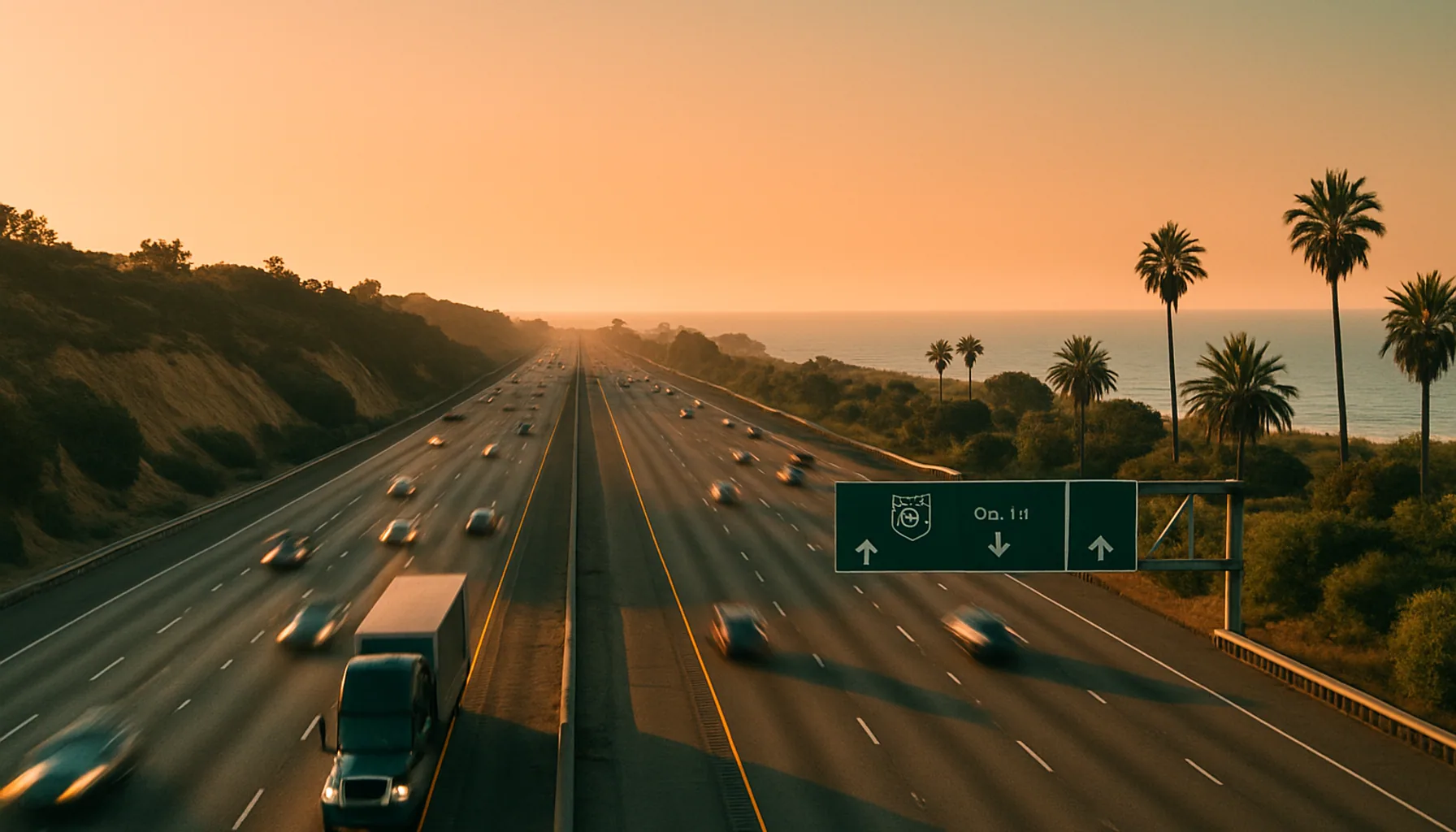 Wide view of Interstate 5 running along the San Diego coast with ocean visible and freeway signage at golden hour