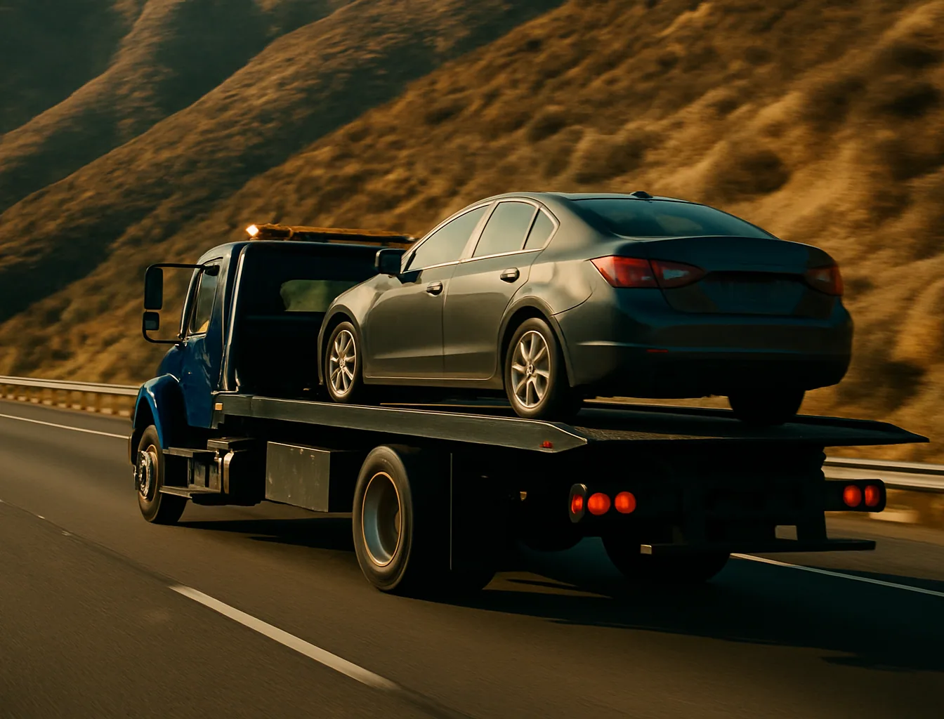 Navy tow truck on the I-8 eastbound grade near El Cajon at golden hour with a vehicle loaded on its flatbed