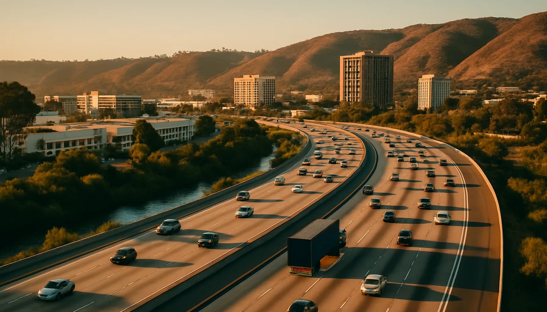 Interstate 8 curving through Mission Valley in San Diego with river and hills visible at late afternoon