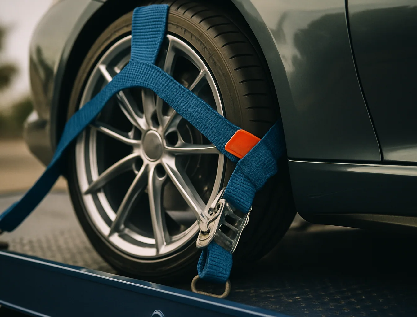 Close-up of wheel nets cradling the tire of a luxury sports car on a navy flatbed platform