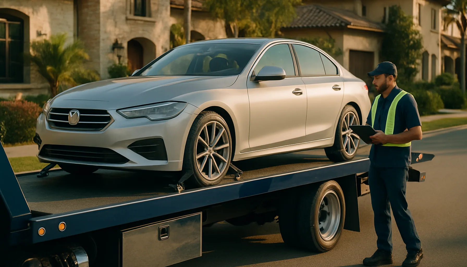 Luxury sedan with soft-strap tie-downs secured on a navy flatbed tow truck in an affluent San Diego neighborhood
