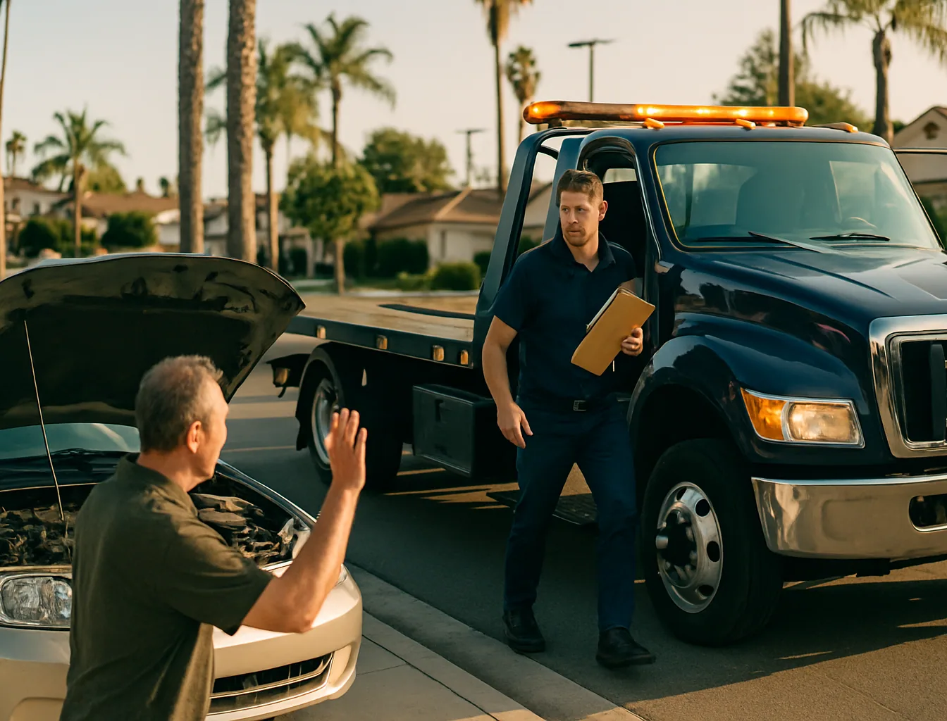 Navy tow truck parked at a neighborhood corner with operator stepping out to help a stranded driver