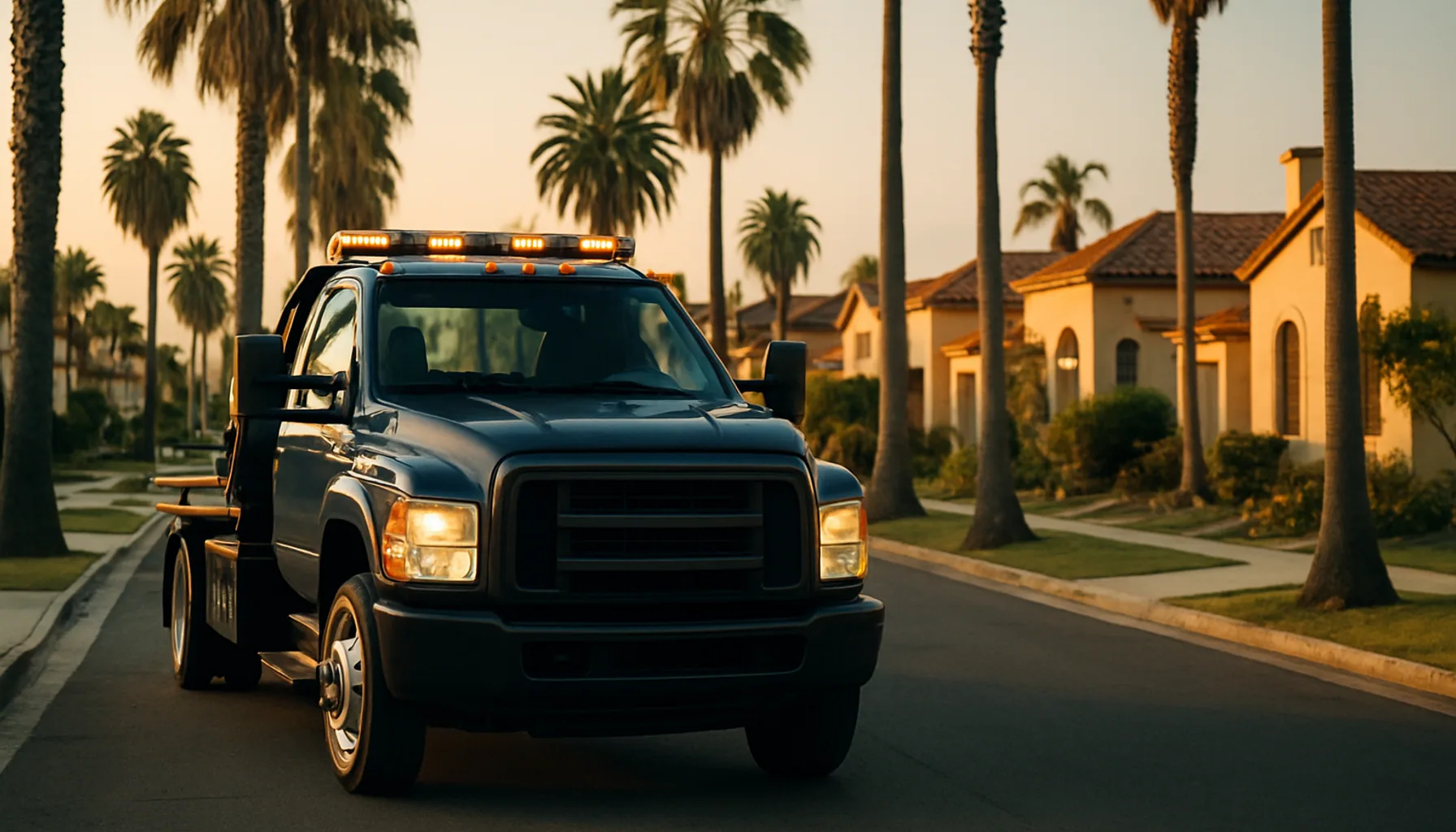 Navy tow truck driving through a residential San Diego neighborhood at golden hour giving a sense of proximity and arrival