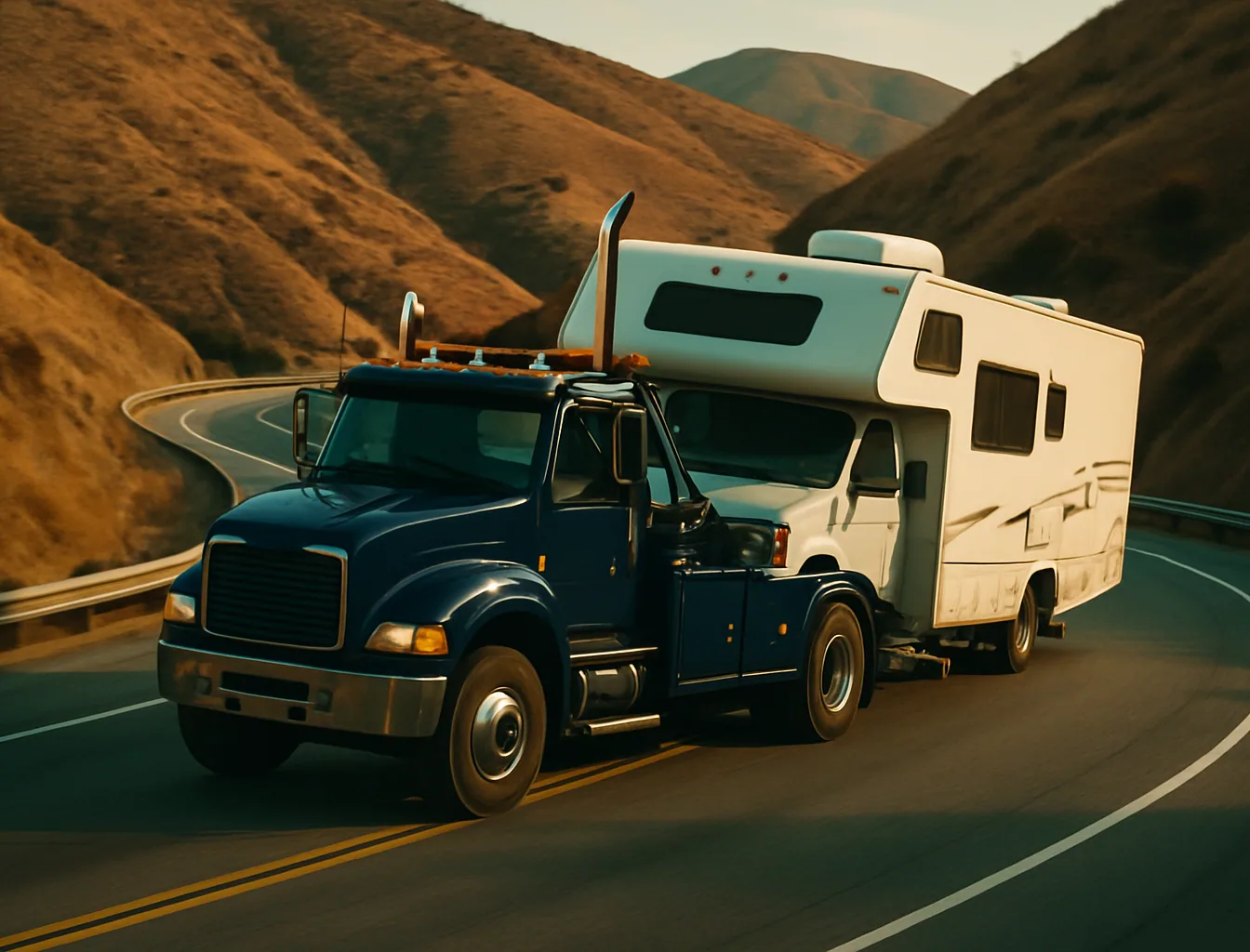 Medium-duty tow truck towing an RV on the I-8 east grade toward Alpine with dry hills in the background