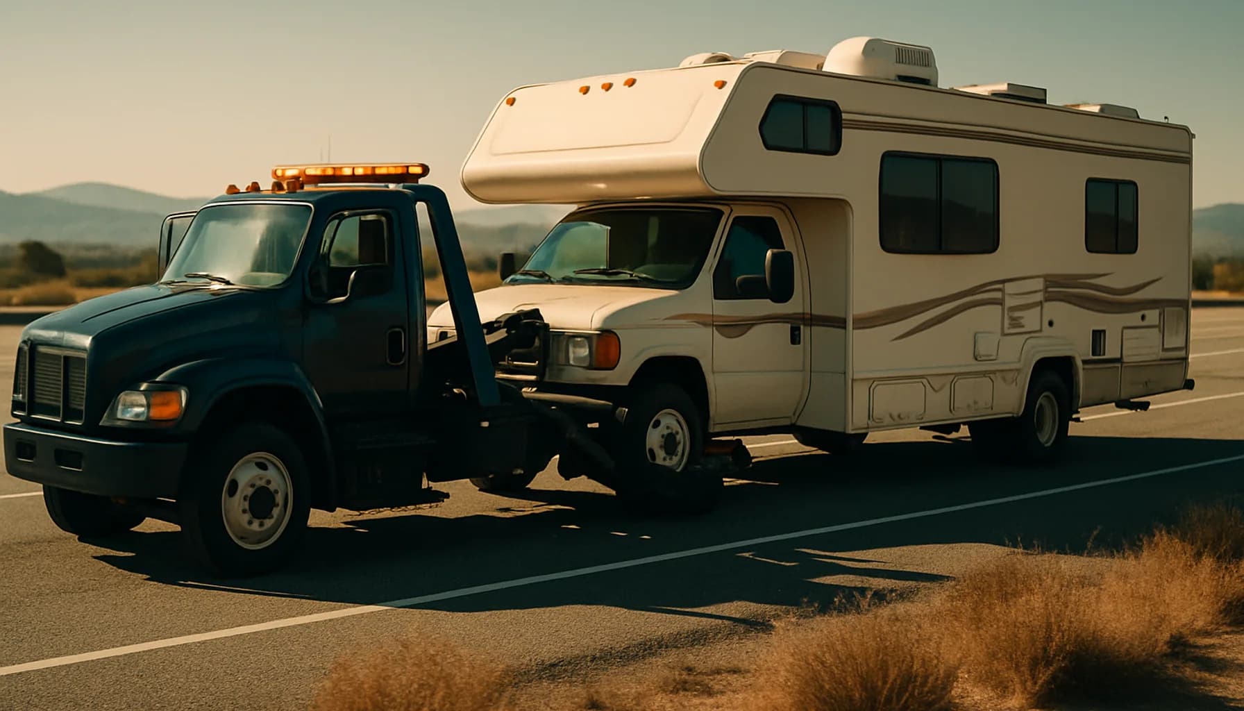 Navy medium-duty tow truck hooking up a Class C motorhome on a San Diego highway shoulder