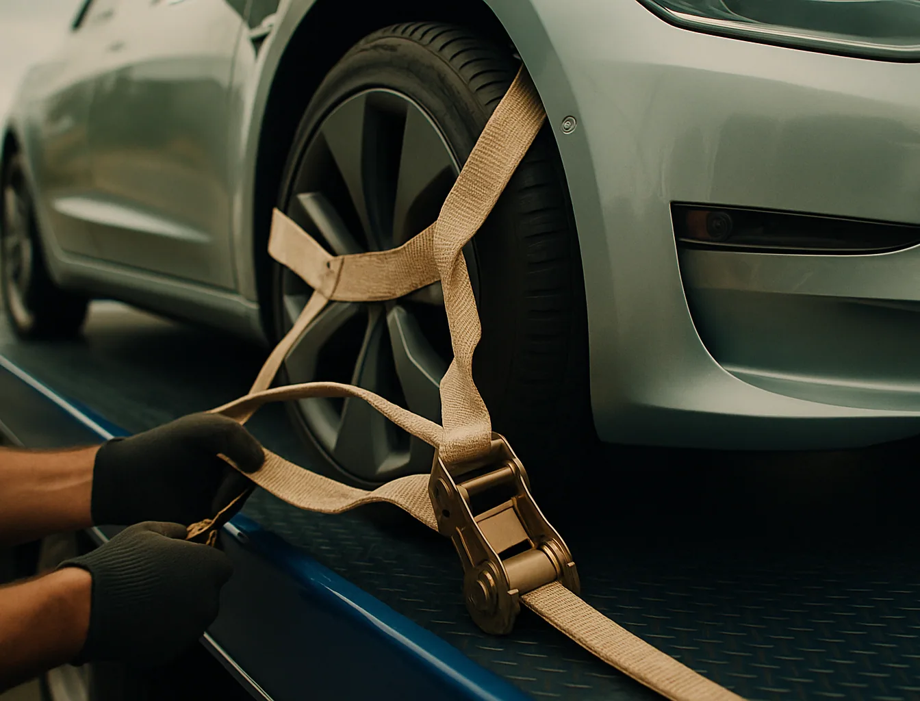 Close-up of soft-strap being secured around the wheel of an electric sedan on a navy flatbed platform